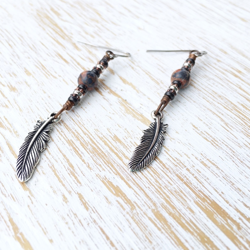 Jasper Gemstone Feather Earrings
